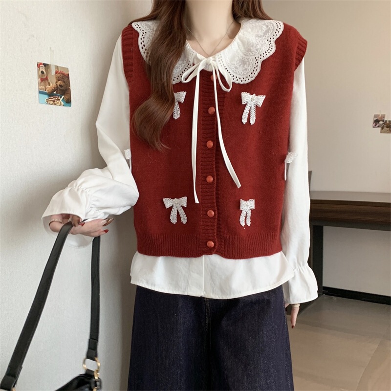 Red Cute Bow-Knot Knitted Vest for Women 2025 Spring and Autumn Plus Size Fat mm Age-Reducing Layered Sweater Vest Top Red Cute Bow-Knot Knitted Vest for Women 2025 Spring and Autumn Plus Size Fat mm Age-Reducing Layered Sweater Vest Top
