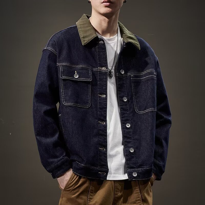 Retro-Jeansjacke in Dunkelblau, Herren, trendige Marke, lockere Passform, lässige Arbeitsjacke in Übergröße_voghion.com