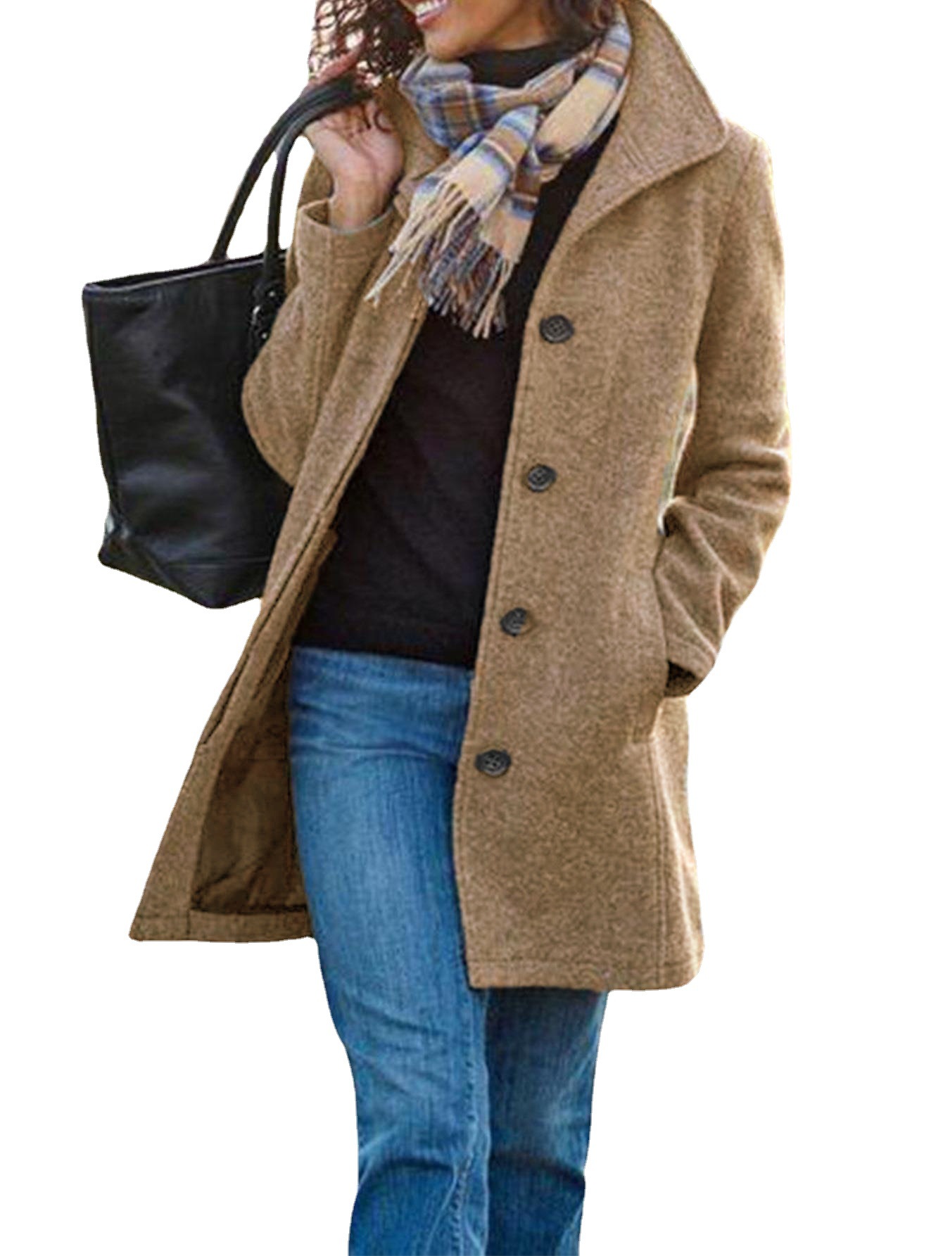 Women's retro medium long solid color women's woolen coat coat_voghion.com