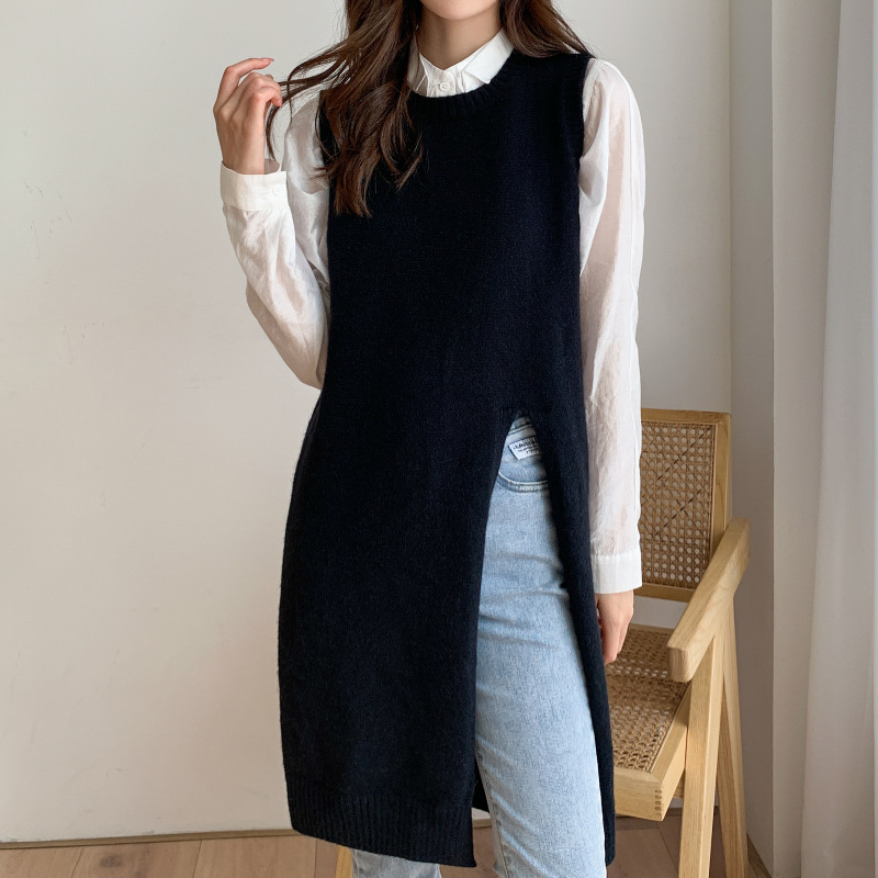 2025 Spring and Autumn Women's Mid-Length Sleeveless Vest Slit Dress Knitted Sweater Loose Round Neck Sweater Dress Clearance Sale 2025 Spring and Autumn Women's Mid-Length Sleeveless Vest Slit Dress Knitted Sweater Loose Round Neck Sweater Dress Clearance Sale