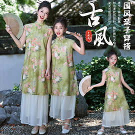 亲子装2025新款夏秋季国风连衣裙母女装古风旗袍裙儿童汉服套唐装