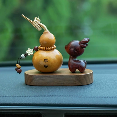 Car ornaments Ornaments Safe Gourd Car - natural-gourd-safe-style-plum-blossom-pendant-rosewood-deer-walnut-base