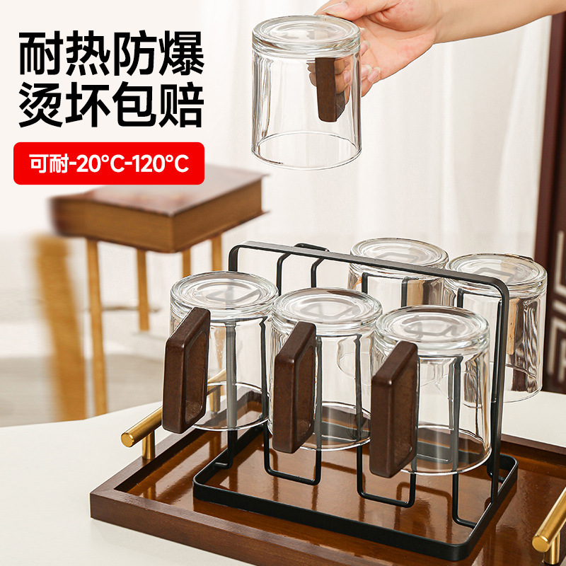 High Temperature Resistant Walnut Handle Glass Water Cup Set Home Living Room Company Hospitality Water Cup Holder Tray Wholesale