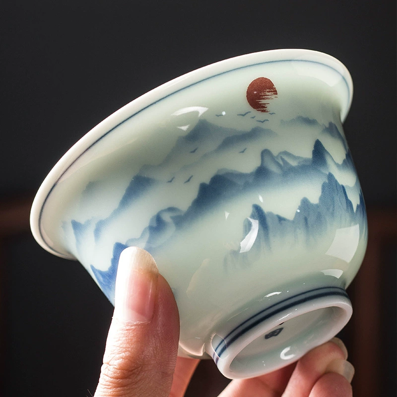 Antique blue and white ceramic tea cup for home use, anti-scald