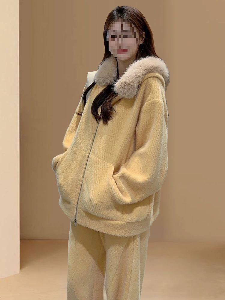 2024 осень и зима новый ленивый стиль повседневный свитер с капюшоном женский свободный набор из двух частей