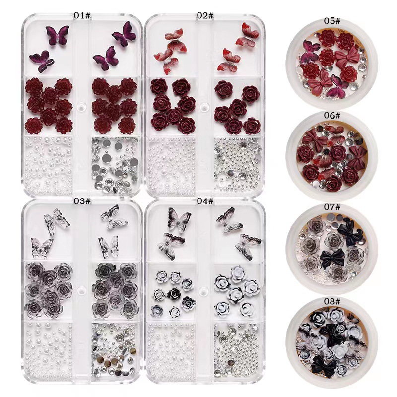 Manicura Nueva joyería retro negro Plum Salsa Camelia joyería arco perla clavo taladro conjunto caja