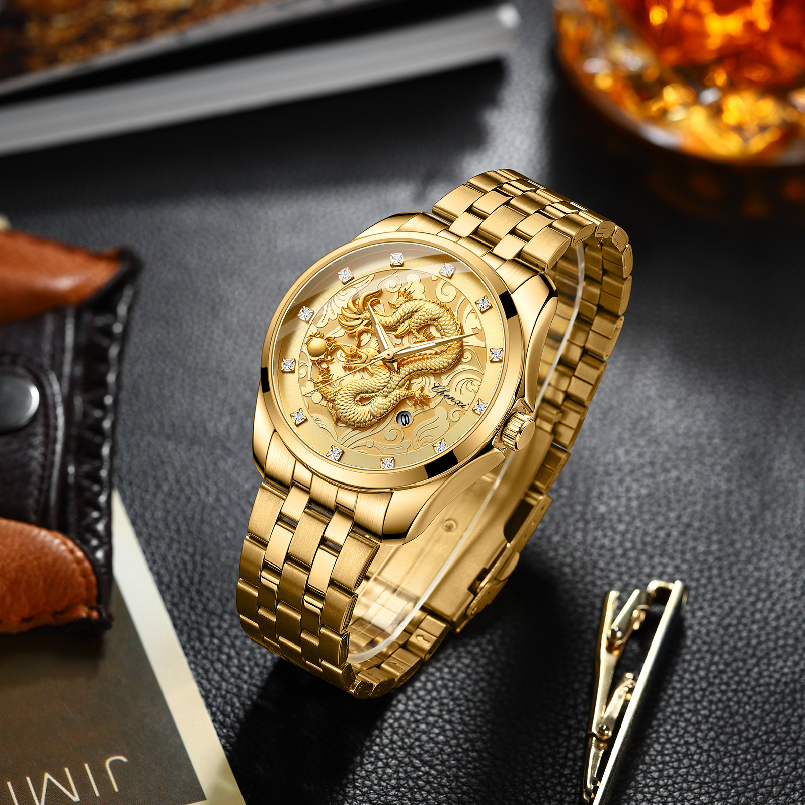 Dragon Totem Relief Calendar Waterproof Men's Watch Dawn Chinese Style Wrist Watch Steel Band Cross-border Explosions Men's Business Watch