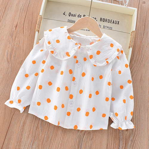 Girls' shirts 2024 new long-sleeved spring and autumn pure cotton lapel lace Korean style tops girls fashionable children's clothing