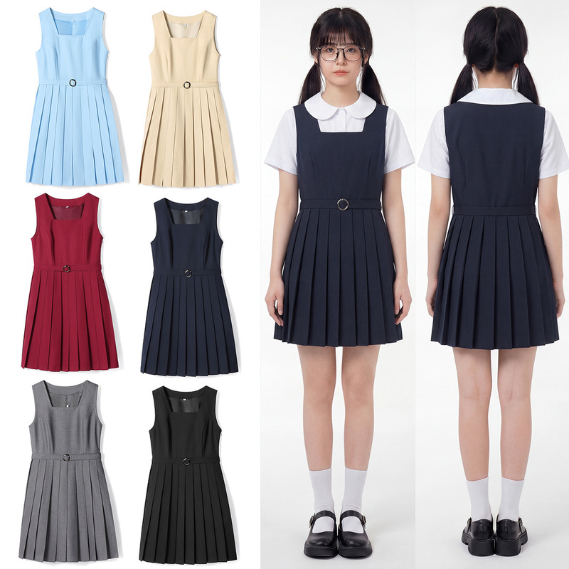In-Stock Authentic High School Uniform Mid-Length Dark Cyan, Aqua, Gray, Dark Red, Khaki, Black Women's Dress Vest Dress
