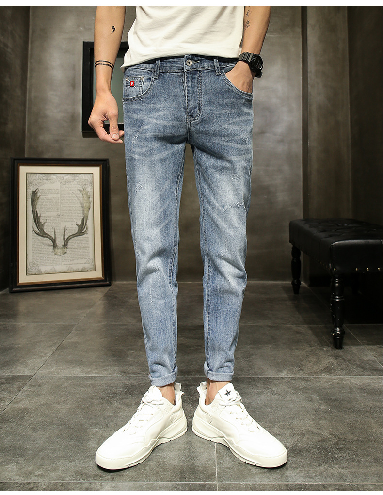 Jeans pour hommes de couleur claire de printemps et d'automne, confortables, élastiques, tendance, marque, coupe slim, petite jambe, polyvalent, délavé, décontracté_voghion.com