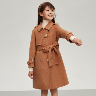 3QR Girls' Double-Sided Woolen Coat 2021 Autumn and Winter New Western Style Suit Collar Woolen Coat for Children Middle and Big Children
