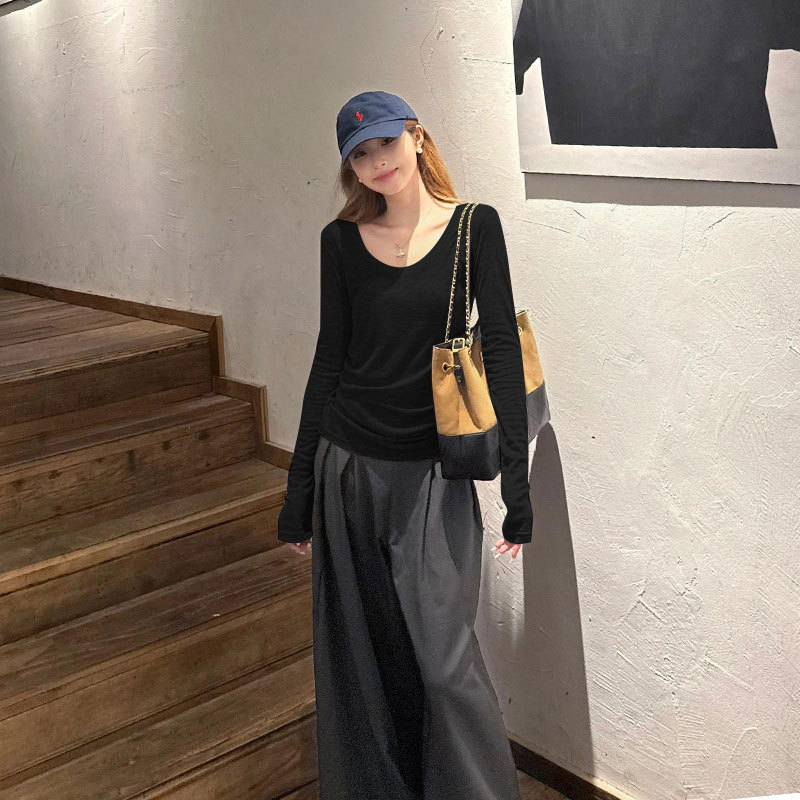 正肩U领薄款微透长袖T恤女春秋内搭短款打底衫辣妹修身显瘦上衣服|undefined