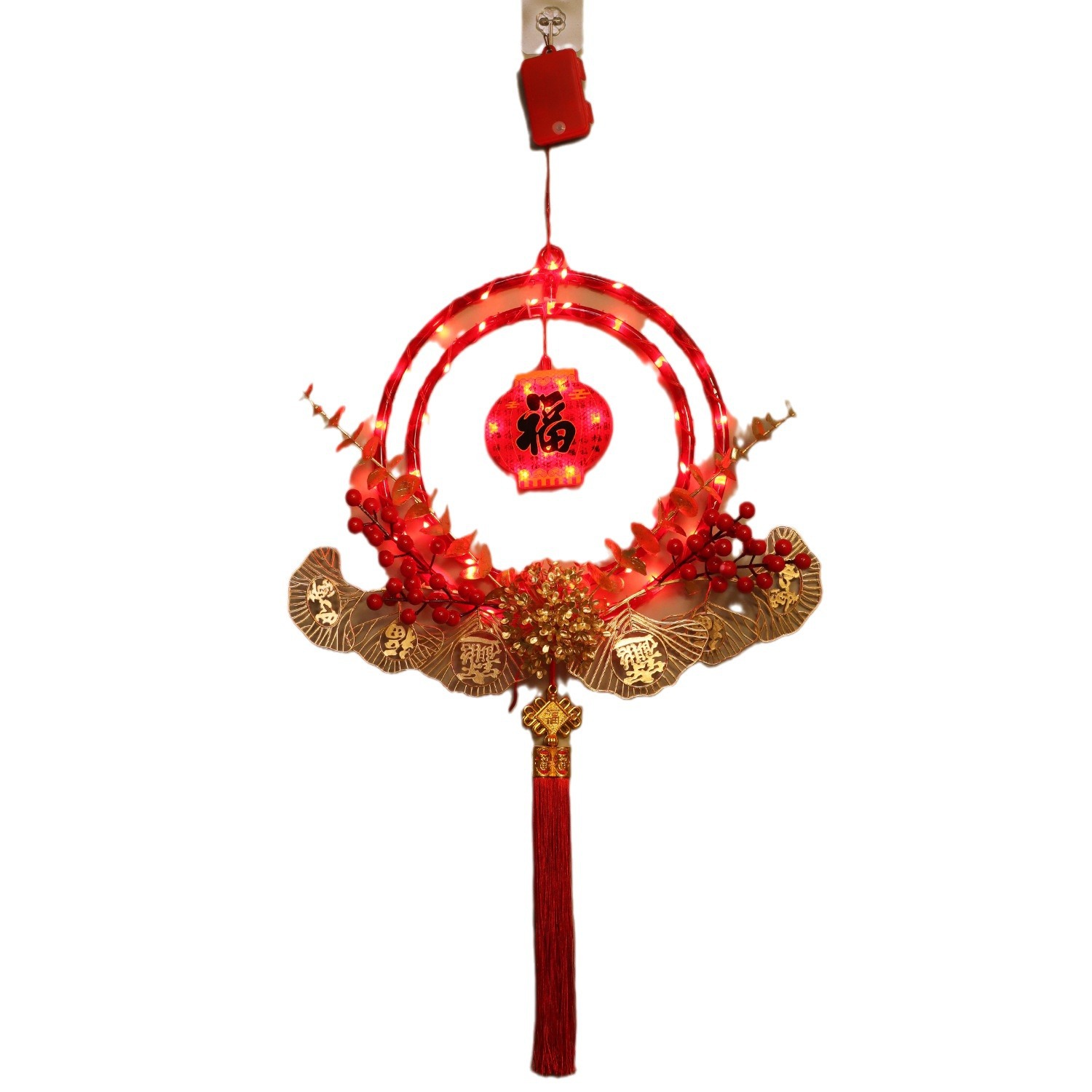 Festival de Primavera fruta roja LED luminoso anillo doble anillo colgante luz bendición a mi hogar Festival festivo luz decorativa interior