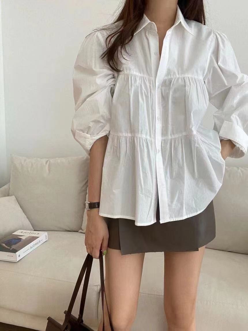 Solid Color Lapel Long-Sleeved Pleated Shirt NSFYF113711