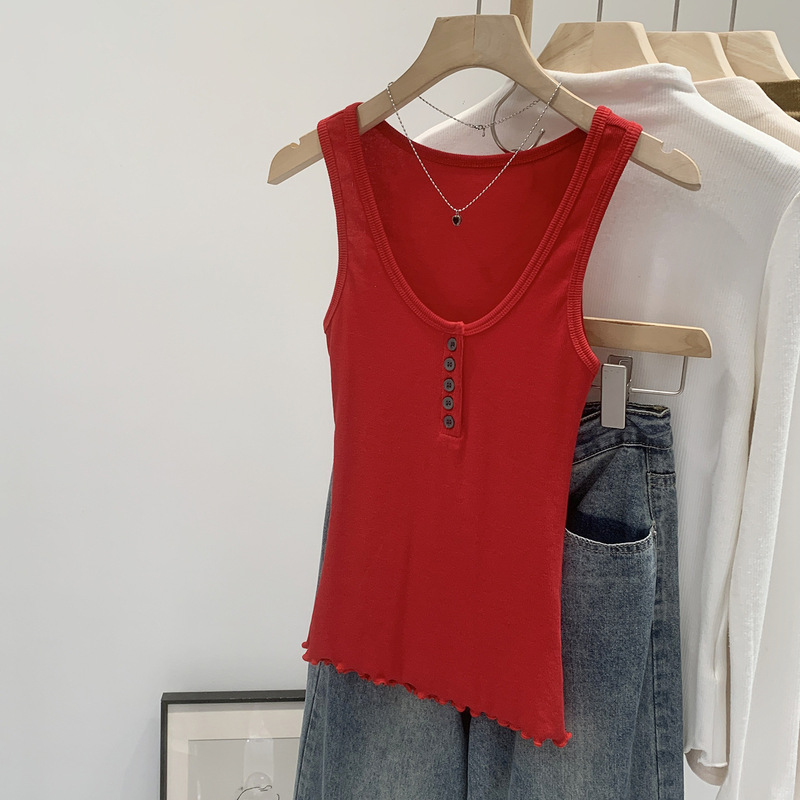 Korean-Style Beautiful Red U-Neck Buttoned Sleeveless Vest for Women, Summer Outerwear, 2026 New Korean Chic Unique Camisole Korean-Style Beautiful Red U-Neck Buttoned Sleeveless Vest for Women, Summer Outerwear, 2026 New Korean Chic Unique Camisole
