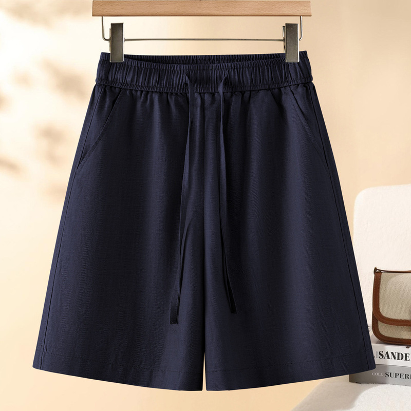 High-Waisted Navy Blue Tencel Linen Shorts Wide-Leg Pants for Women, Summer Thin Style 2026, Petite Five-Point Mid-Length Straight Pants