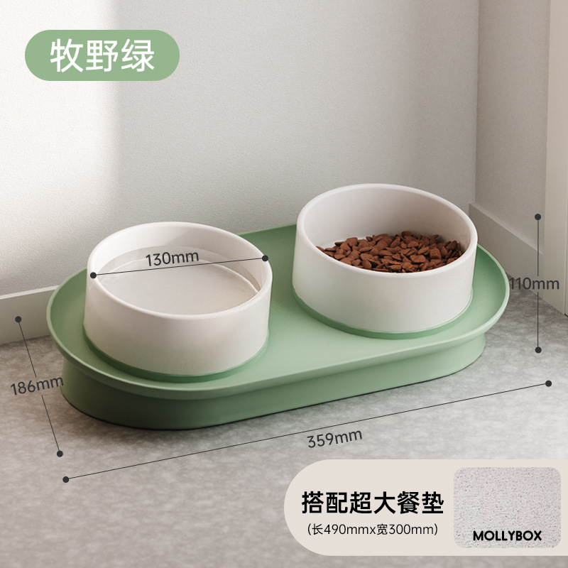 [누수방지 밥그릇걸이 + 세라믹 이중그릇 + 미끄럼방지 플레이스매트] 마키노 그린