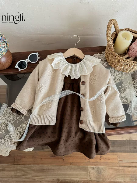 Lime South Korea Children's Autumn New suit Girl's Vintage Crochet Knitted Cardigan Floral dress Two-piece Set