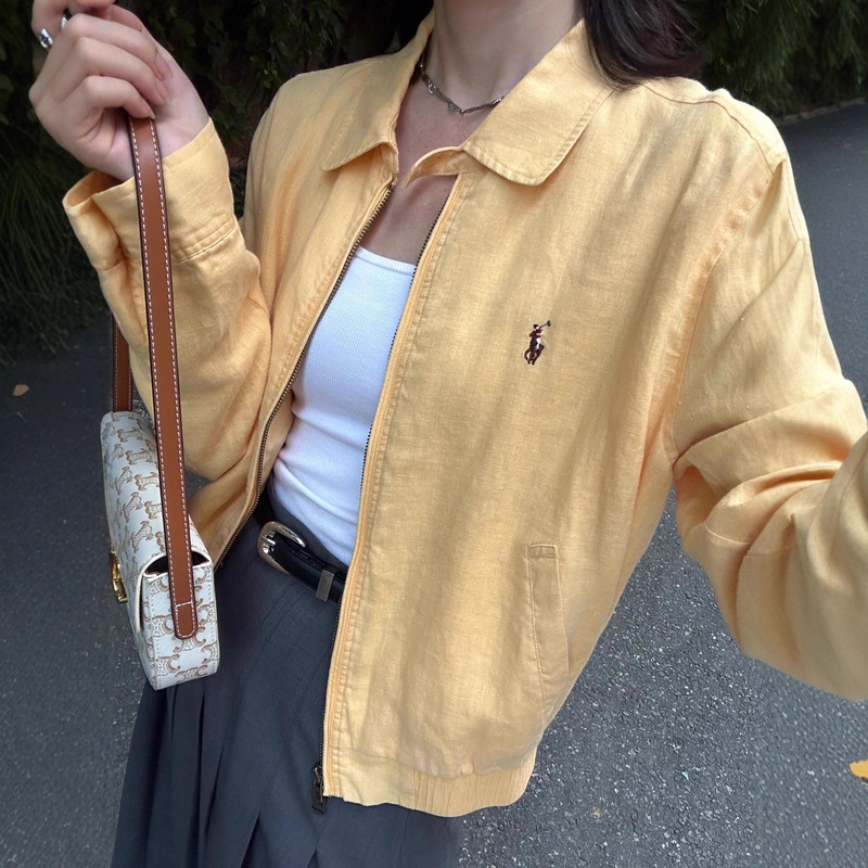 High Version Rl Raff Old Money Style Chick Yellow Jacket Pony Embroidery Classic Casual Jacket Fashion Linen Texture