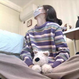秋冬新款减龄撞色条纹套头圆领针织衫上衣宽松慵懒风大版型毛衣女