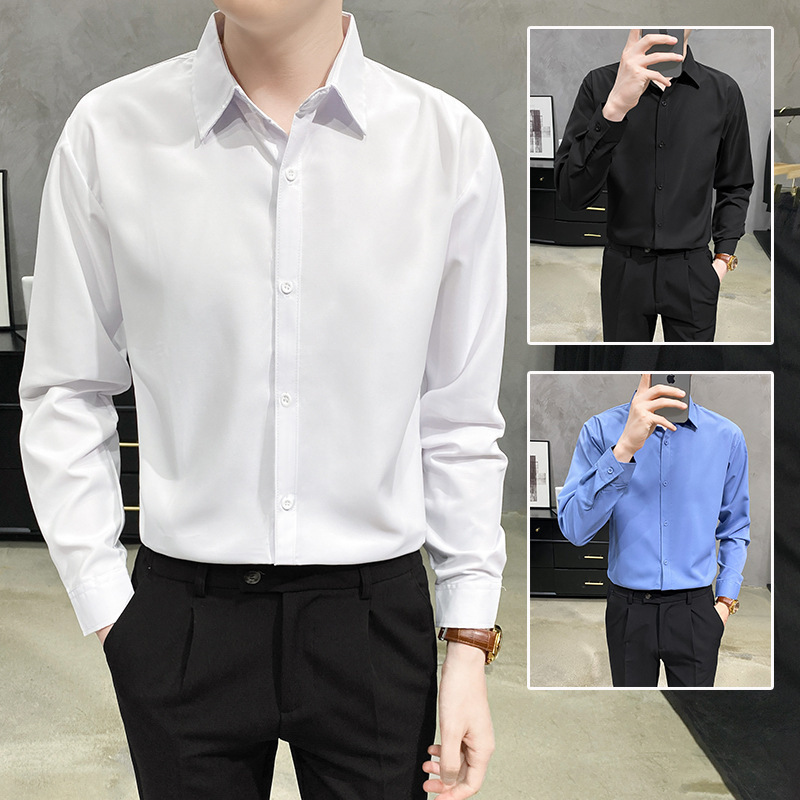 White Shirt Men's Long-sleeved Non-ironing Anti-wrinkle Business Casual Dress Handsome Work Clothes Shirt Men's Blue and Black