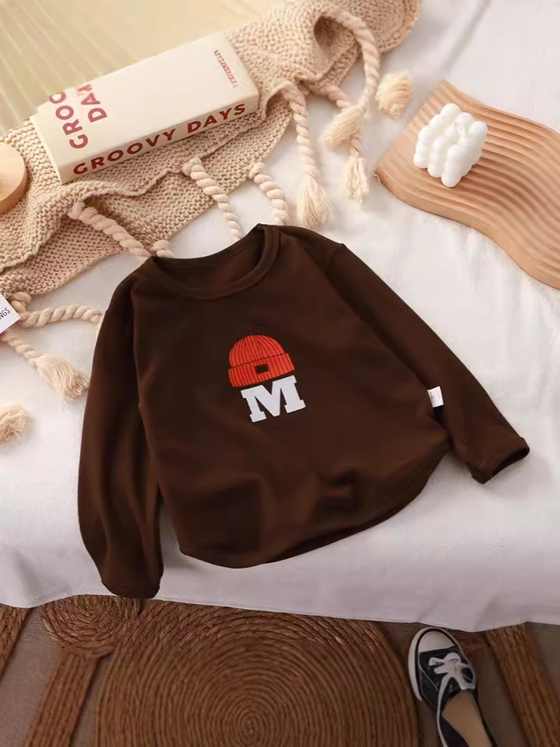 Niños de cuello redondo jersey de terciopelo en otoño niñas letras de una sola pieza de otoño invierno de manga larga jersey de terciopelo elástico