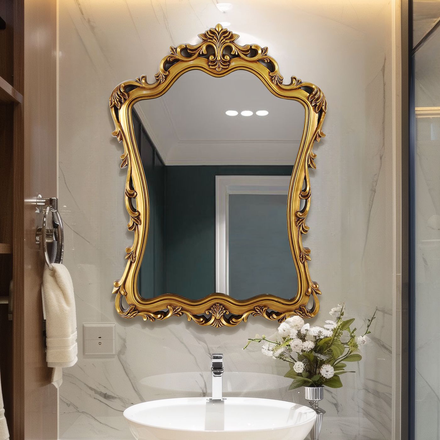 欧式雕花浴室镜法式复古美式卫浴镜酒店壁挂装饰镜梳妆卫生间镜子