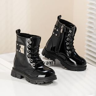 Girls' New Martin Boots British Short Boots Internet Celebrity Children's Boots Autumn and Winter Christmas Fashion Black Chain Single Boots