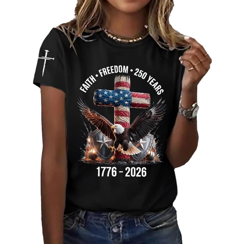 【European Size Cotton T-Shirt】Women's Patriotic 250Th Anniversary Usa Shirt Faith in Freedom 250 Years Shirt Navy Blue