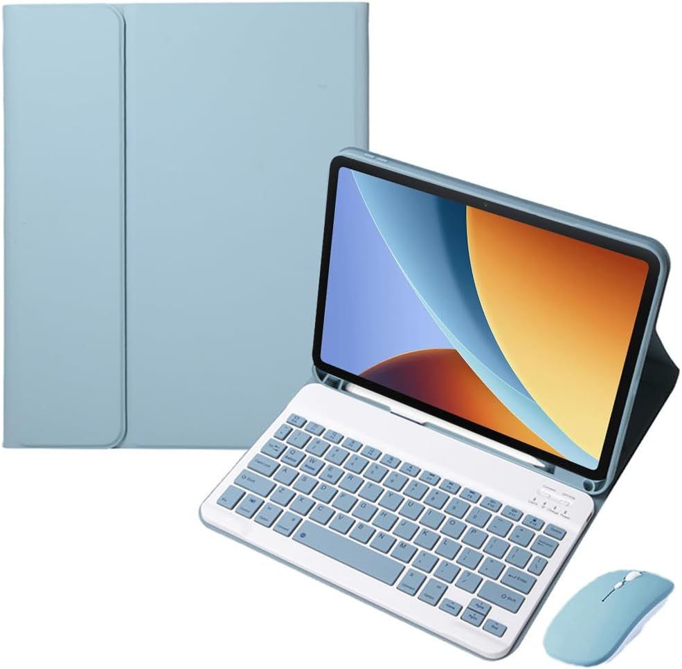 Funda de piel azul brumosa + teclado Bluetooth + ratón de carga