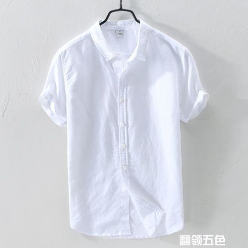 Japanese Linen Shirt for Men, Vertical Collar, Short Sleeve, Loose Retro, Thin, Breathable, Collar-Style, White, Cotton-Linen Hooded T-Shirt