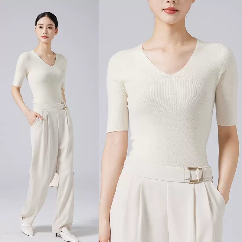 可机洗无缝100纯羊毛衫女士早秋装新款显瘦V领短袖内搭套头打底衫