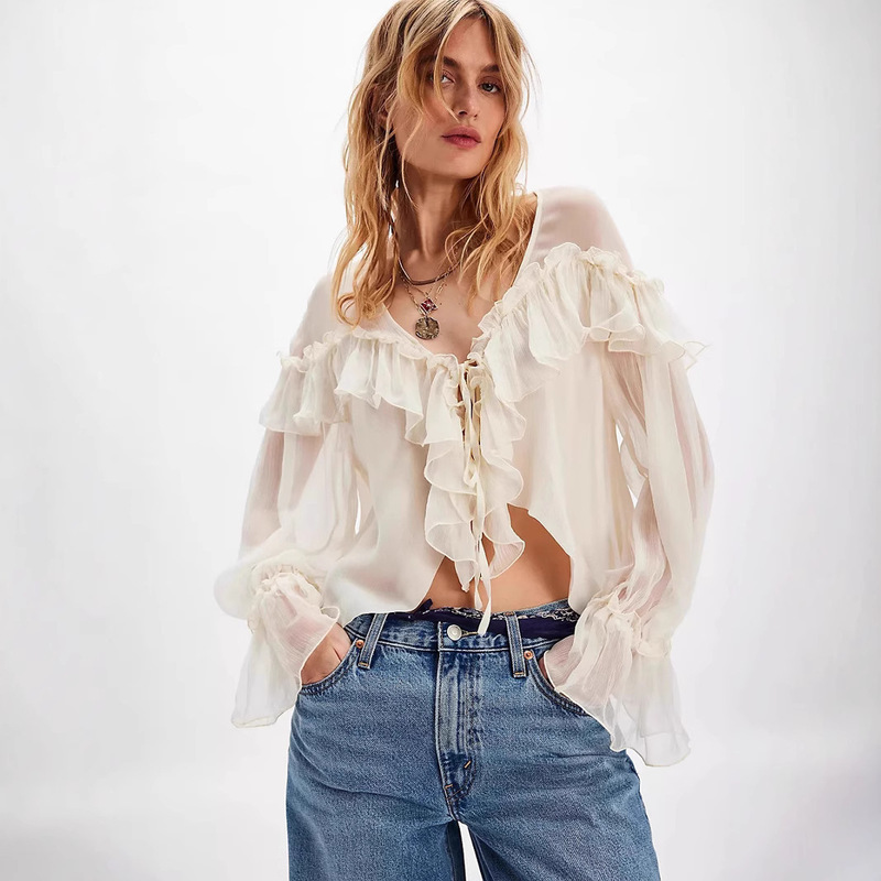 European and American High-End Chiffon Blouse New French Design Ruffled Sexy Loose Collar Solid Color Tie Niche Top