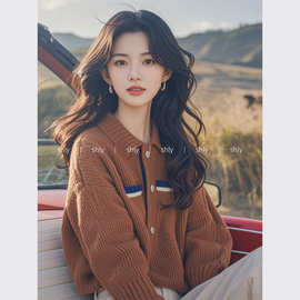 韩系慵懒风高级感复古咖色翻领毛衣女款2024年新款冬季小个子女装