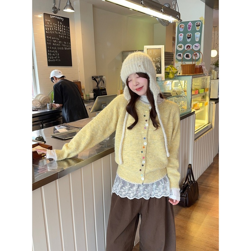 实拍~秋季新款韩版宽松彩扣撞色软糯百搭针织毛衣开衫外套女88410|undefined