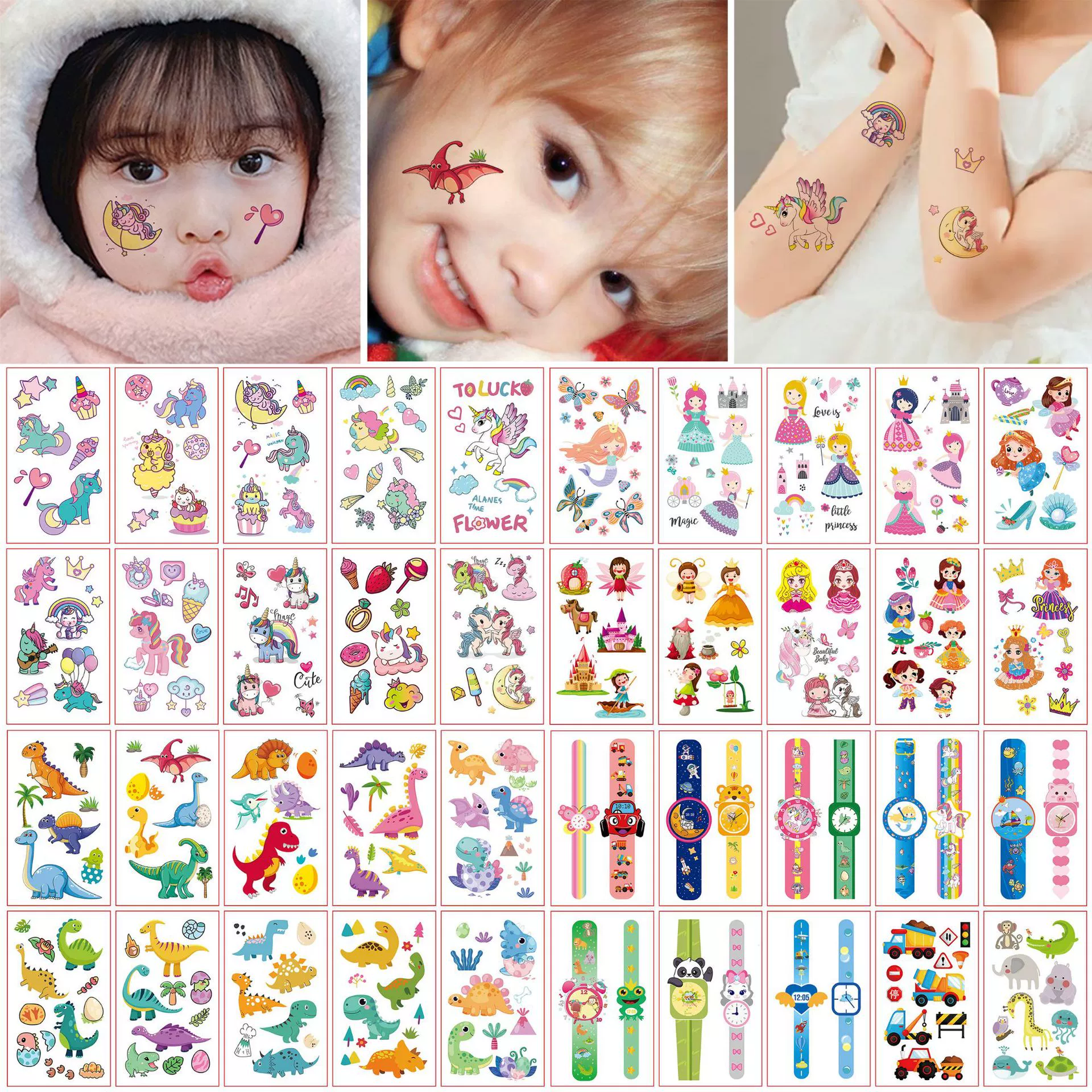 Оптовые трансграничные поставки детей единорог татуировки наклейки милые мультяшные часы динозавр принцесса татуировки наклейки