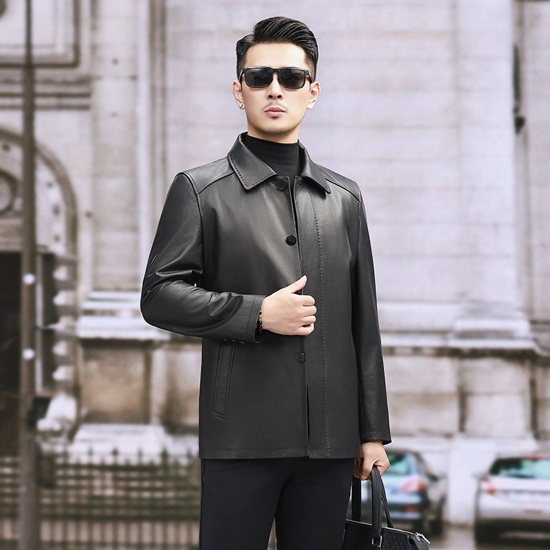 Haining Genuine Leather Jacket for Dad, Turn-Down Collar Jacket with Mink Fur Collar, Middle-Aged Men's Jacket with Fleece Lining