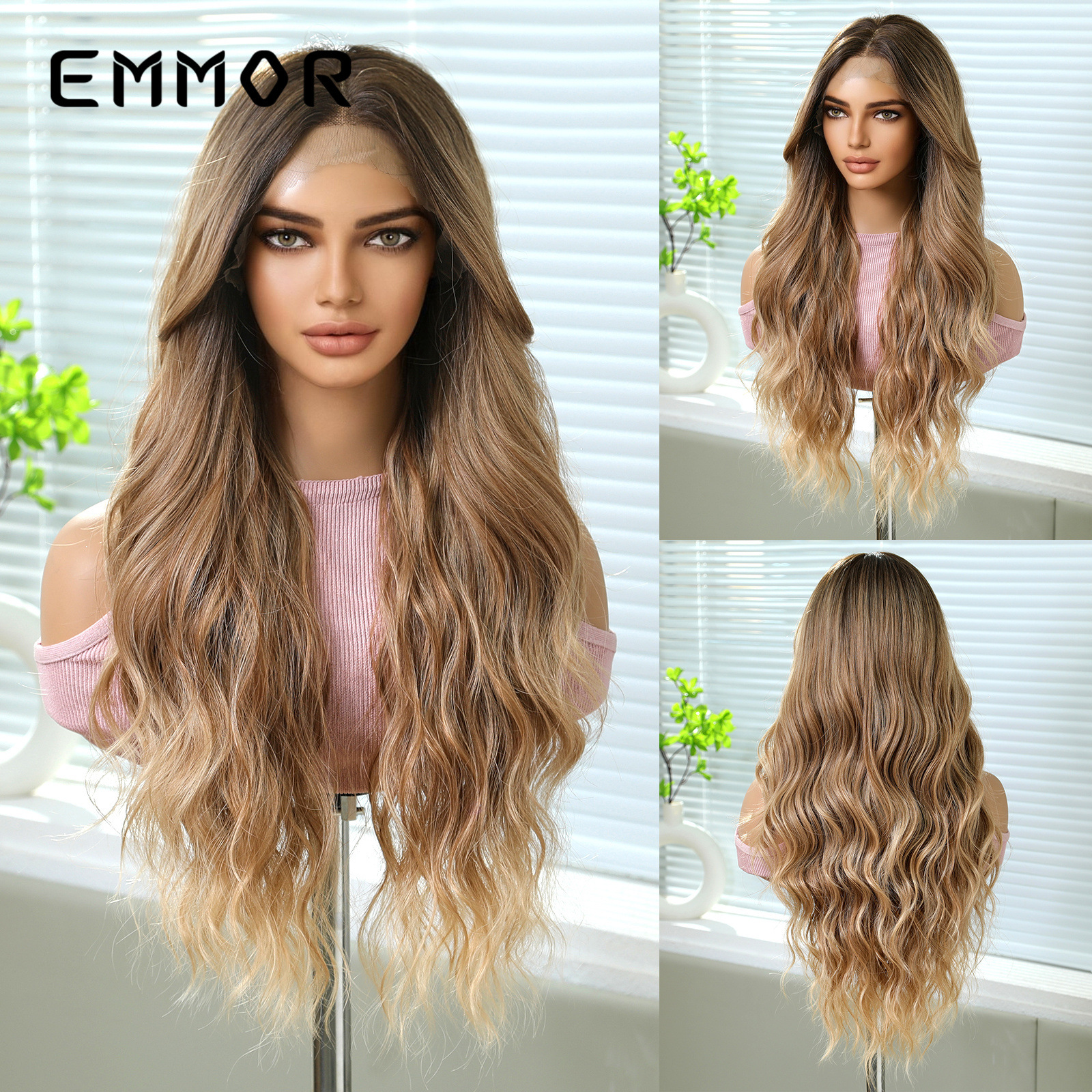 Transfronterizo 13*6 peluca de encaje frontal de gran superficie, corte intermedio, cabello largo y esponjoso dorado, cabello largo y rizado, cabello largo y largo