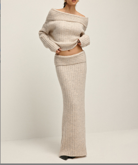 ​Damenmode, schulterfreier Strickpullover, zweiteiliges Set, langärmelig, lockere Passform, einfarbig, lässiges Outfit​_voghion.com