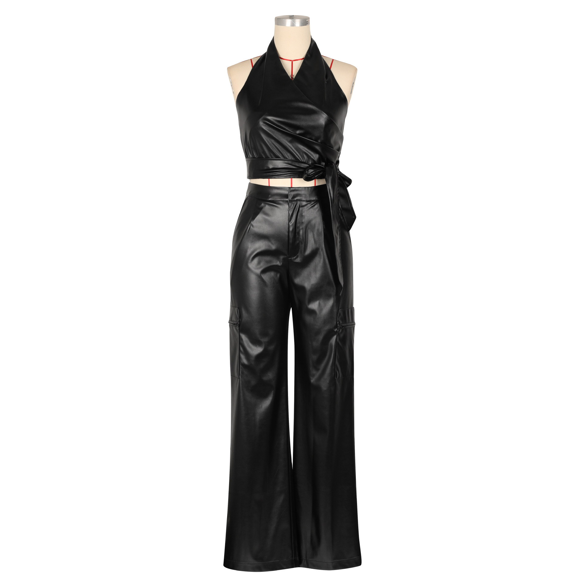 Women Clothing Faux Leather Sleeveless Halter Sexy Leather Pants Two Piece Summer