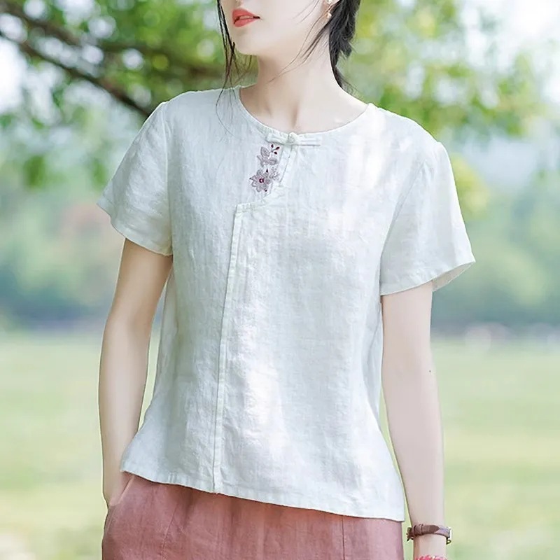 棉麻民族风新中式刺绣短袖t恤春夏季文艺女新款宽松休闲上衣小衫|undefined