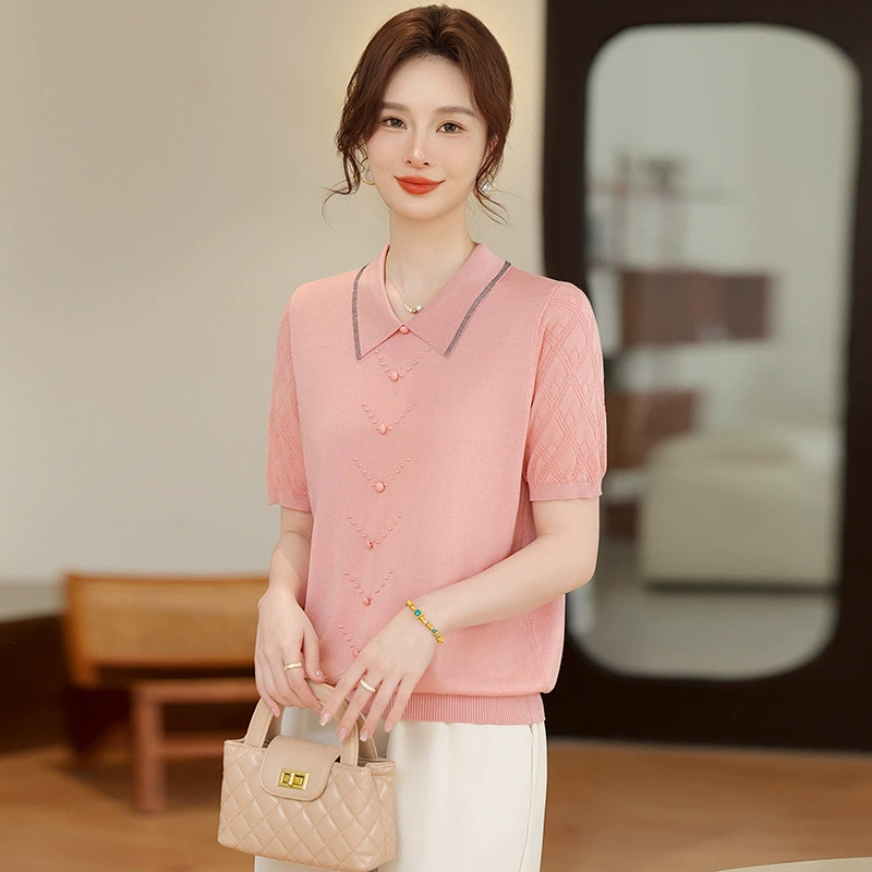 Иностранная мама с отворотом и ледяным шелком новая девушка среднего возраста летняя футболка с короткими рукавами