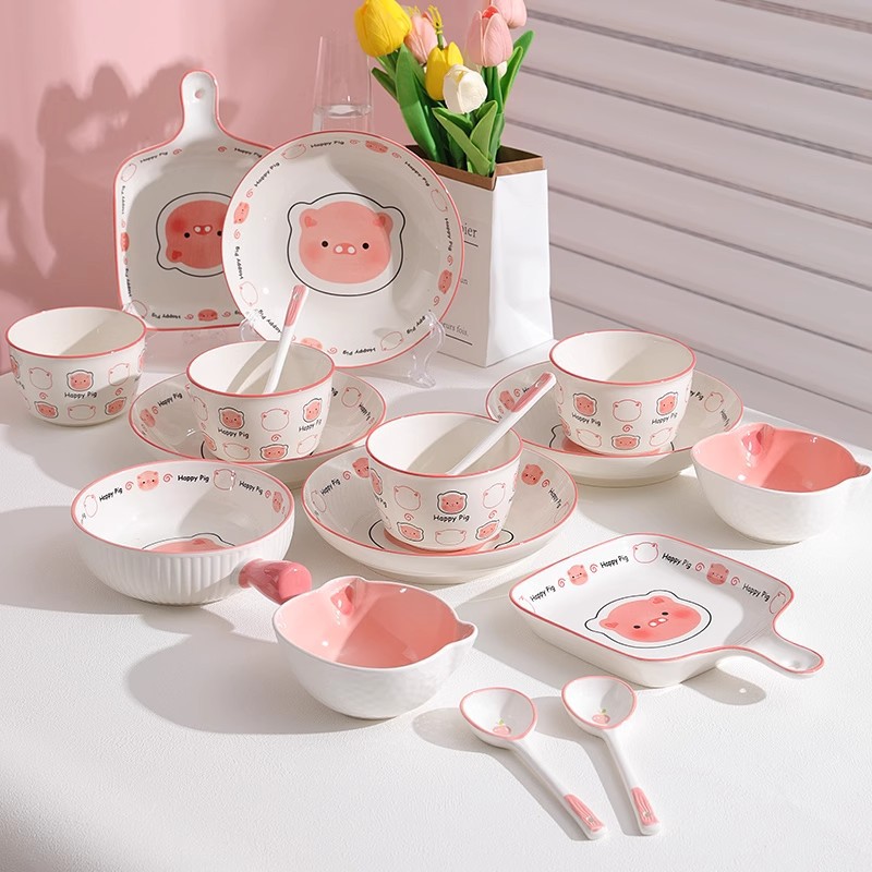 粉色小猪陶瓷碗釉下彩家用卡通米饭碗陶瓷勺组合餐具情侣吃饭小碗