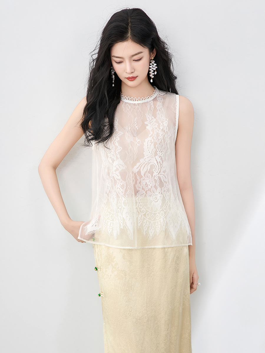 Áo hai dây organza ren cổ tròn phong cách thanh lịch mùa hè — Màu đen