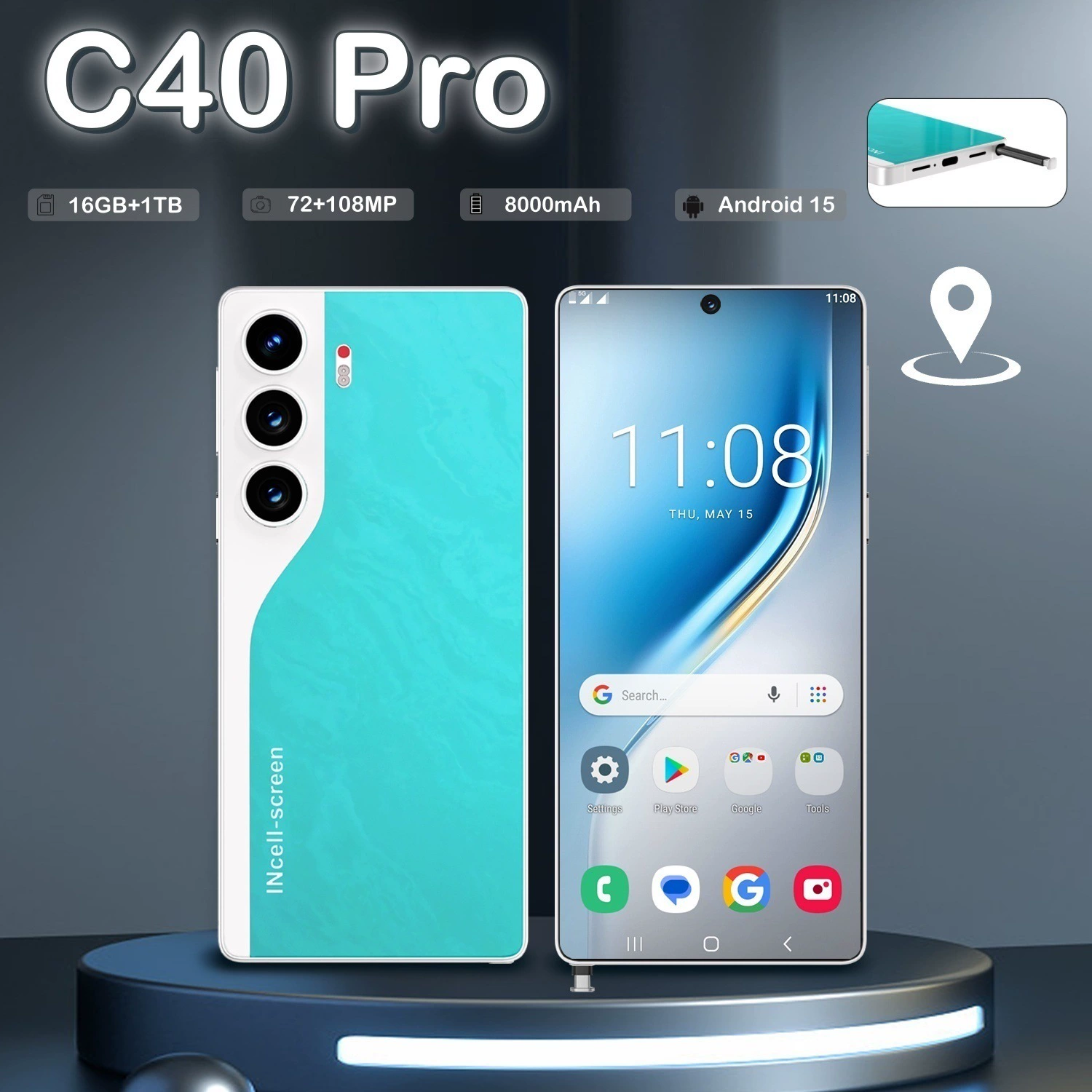 Умные часы, большой мобильный телефон, (международная торговля), C40, Android, 7.3 дюйма, широкий экран, wish