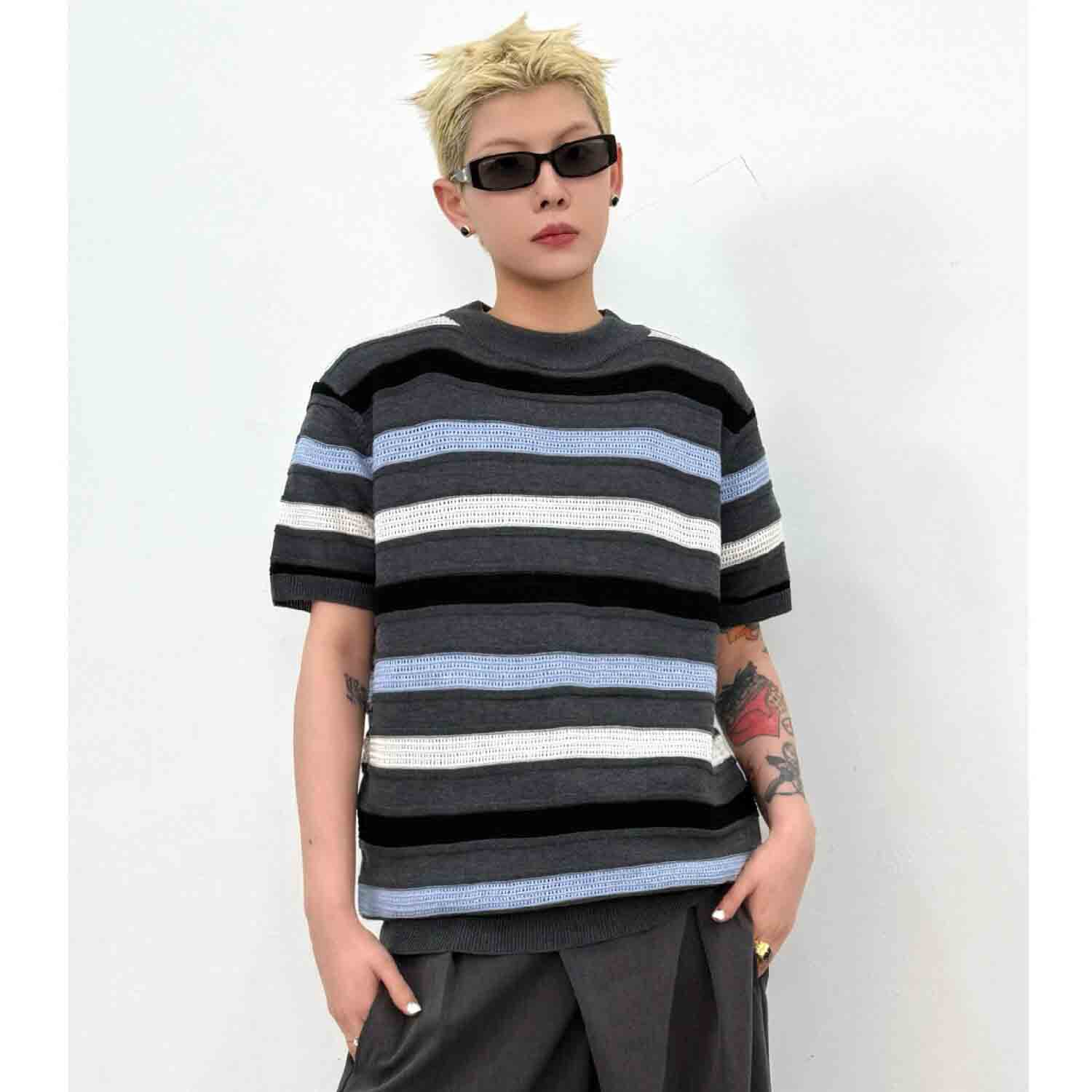 Camiseta de punto de manga corta camiseta de hueso de pescado hombre textural hueco viejo viento de negocios hielo verano fábrica transfronteriza al por mayor