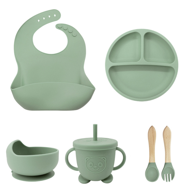 Army green 6-Piece Set: Bib + suction cup + bowl + straw cup + wooden fork spoon