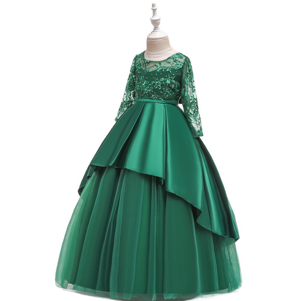 Vestido largo para niños ins vestido de princesa bordado de malla nuevo vestido de novia de manga larga para niñas fregona larga