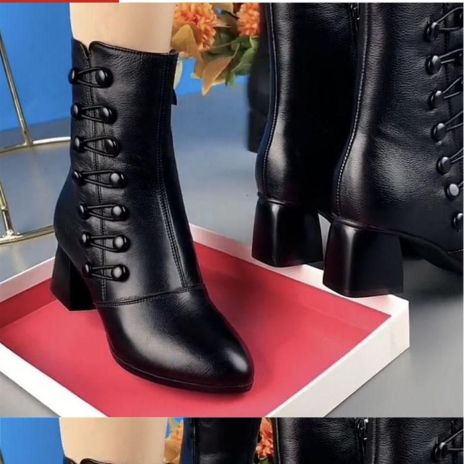 2023软皮瘦瘦靴短靴女秋冬季时尚中跟中筒软底妈妈短靴子马丁靴