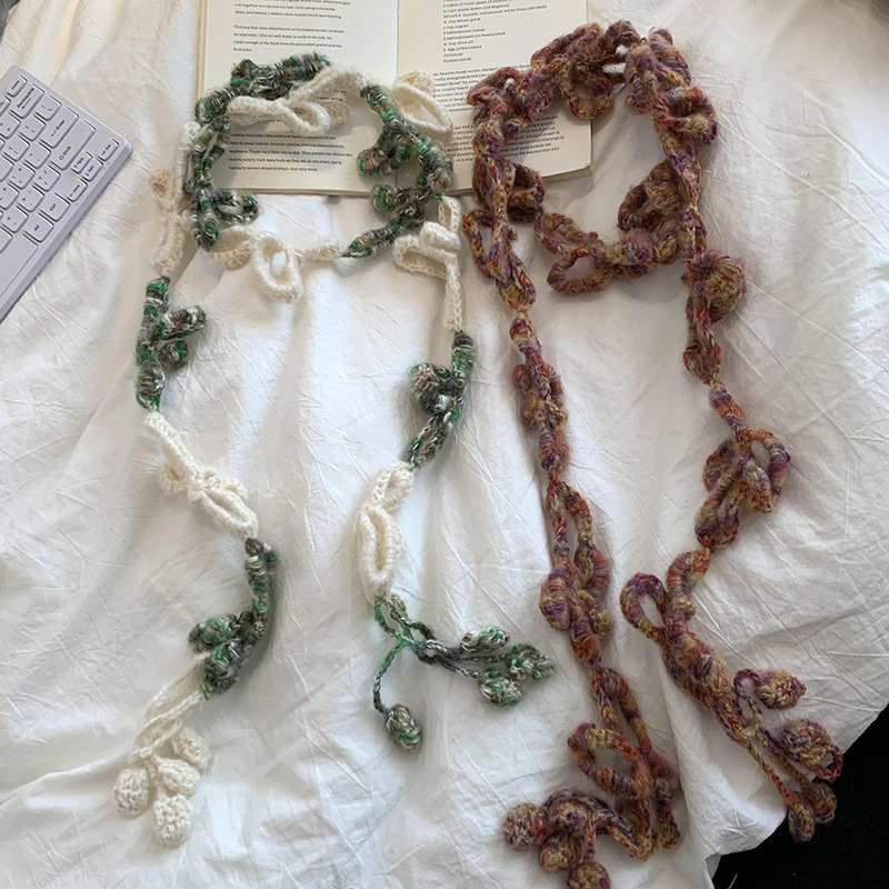 Bufandas de punto para mujeres 2025 nuevo color contrastante multifuncional lana tejida a mano ganchillo flor trenza collar original